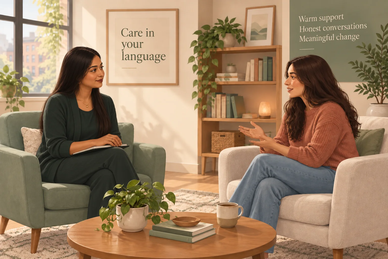 Illustration of a Bengali-speaking therapist supporting a client in a welcoming counseling room